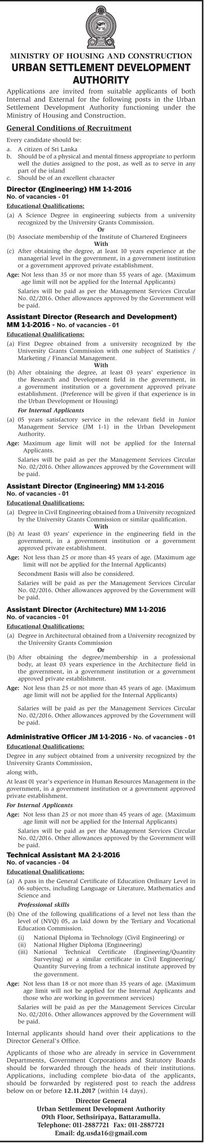 Director, Assistant Director, Administrative Officer, Technical Assistant - Urban Settlement Development Authority